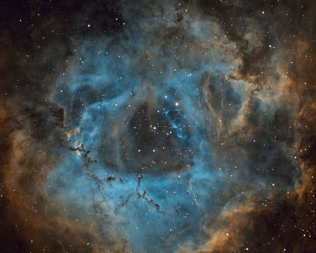 The Rosette Nebula:  Apogee U8300 CCD, Stellarvue SVQ100 APO, Atlas EQ-G, Astrodon 3nm Filters, 6x20min each Ha, O[III], S[II].